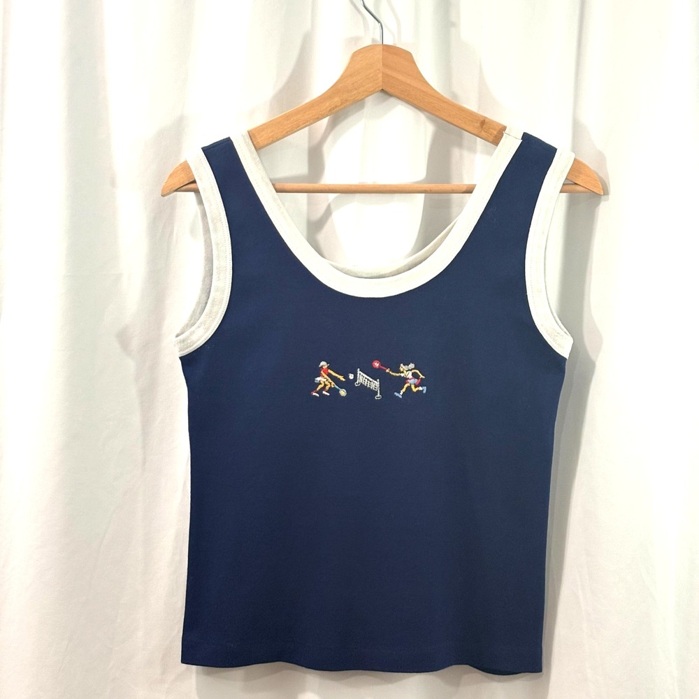 Vintage 1970s Variety Embroidered Tank Top – Pickle Ball-Navy & White, Size: L